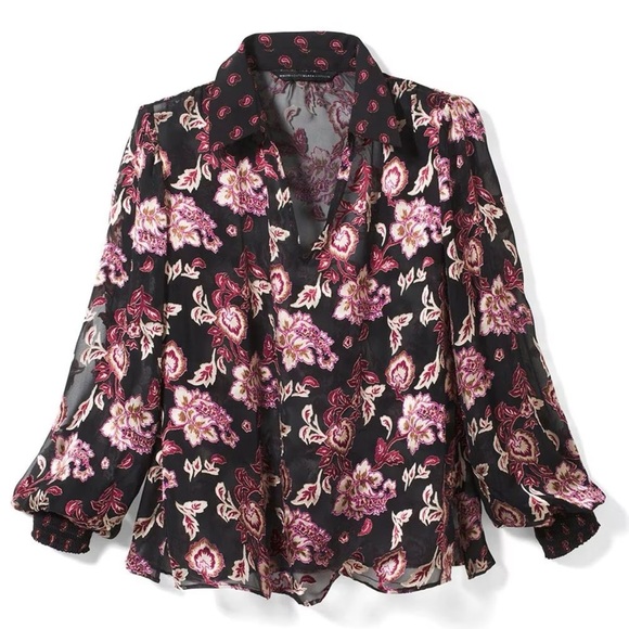 White House Black Market Long Sleeve Silk Burnout Blouse Size Medium - Picture 1 of 6